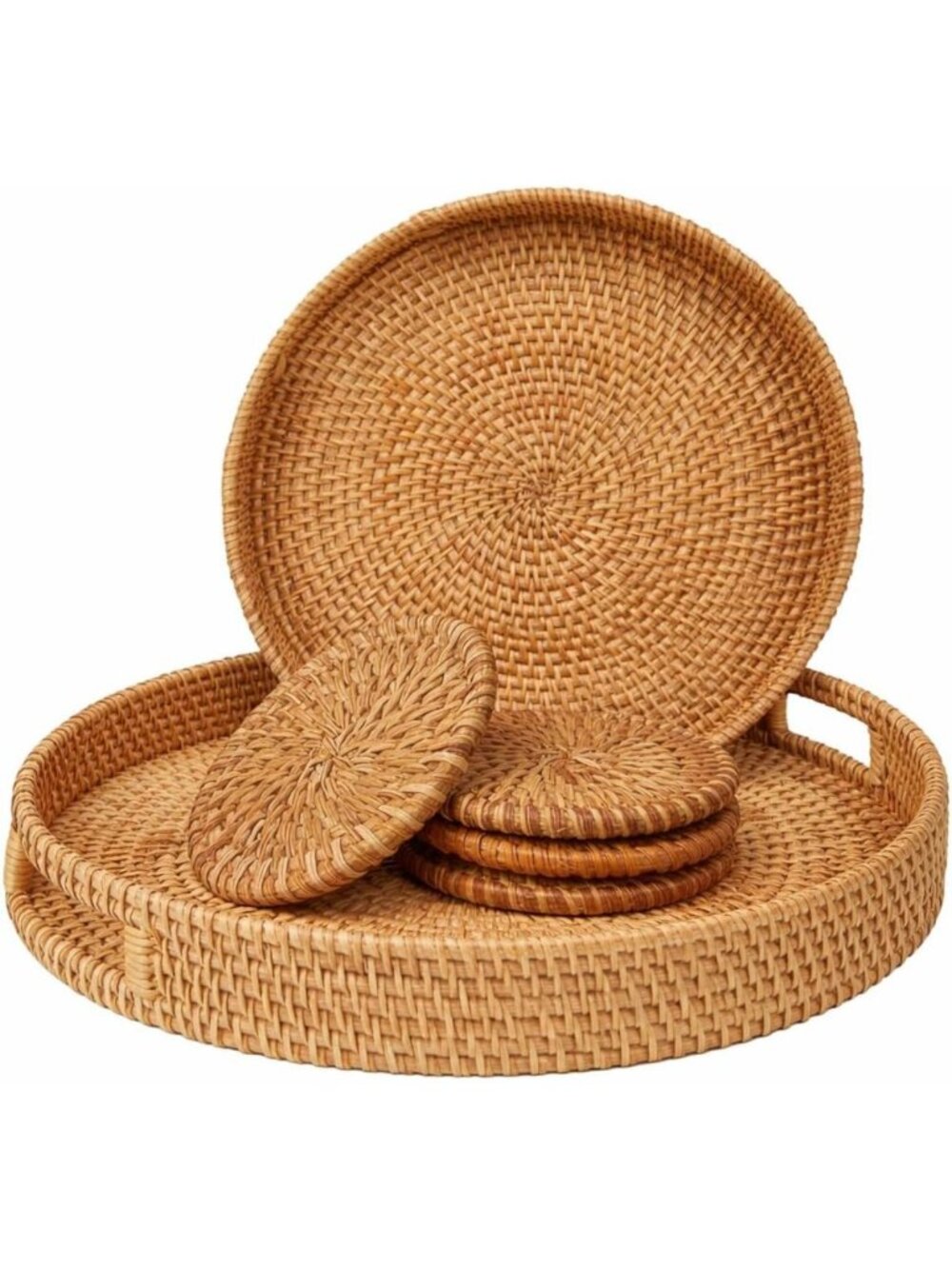 Handwoven Boho Rattan Serving Tray Set with Handles & Coasters - Nesting Sizes